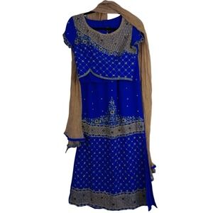 Three Piece Lehenga Choli Blue Gold Embroidered Sequin Scarf Top Skirt XS